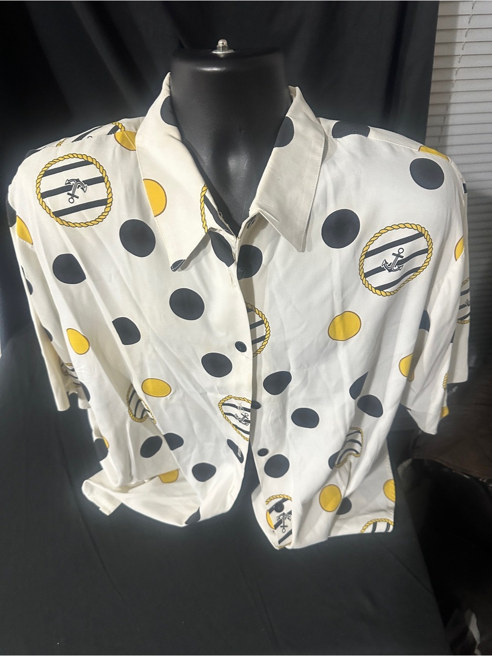 White Polka Dot Nautical Short-Sleeve Shirt-studio II, size L-#629